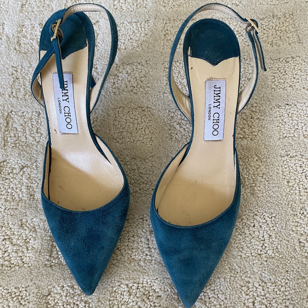Jimmy Choo Deep TEAL Blue Suede Slingback Pumps sz 37.5